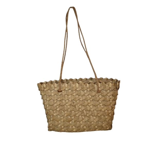 Vintage Raffia Floral Straw Tan Woven Tote Bag - Picture 2 of 5